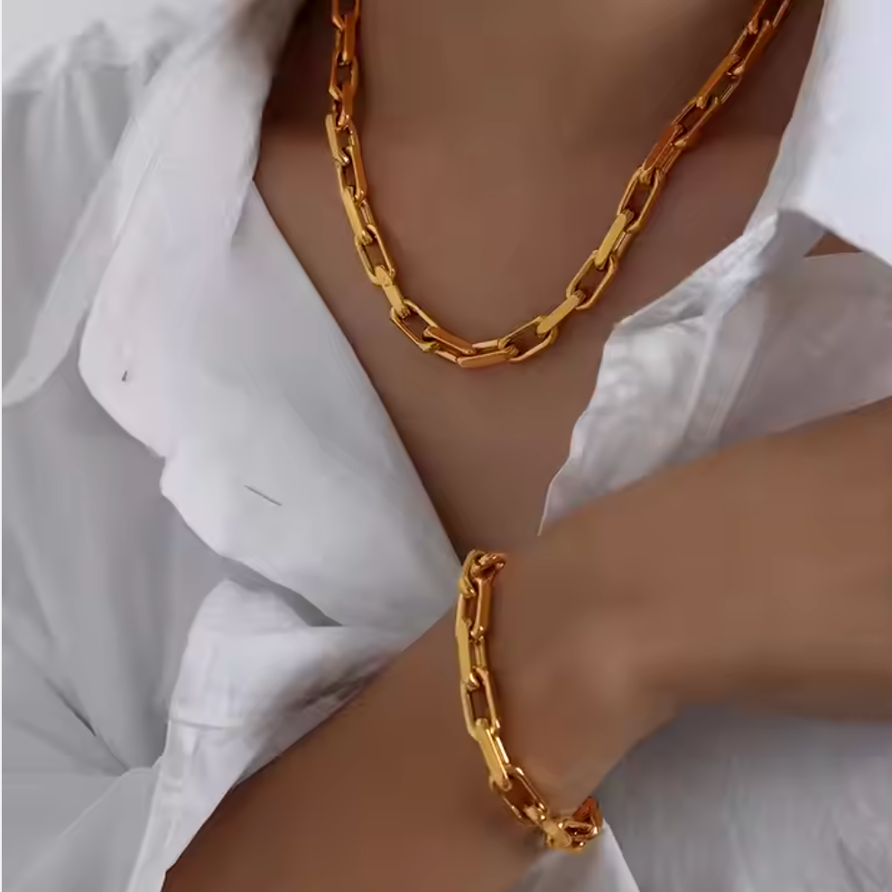 A gold-plated stainless steel chunky rectangular chain necklace.
