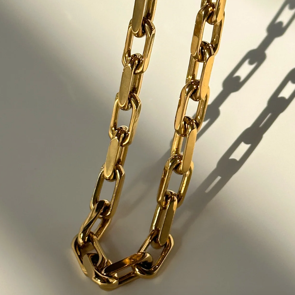 A gold-plated stainless steel chunky rectangular chain necklace.