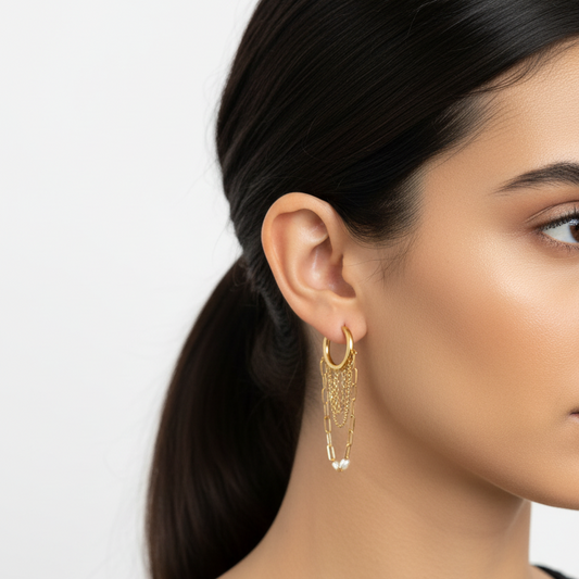 Gold hoop earring with chain details worn by a person
