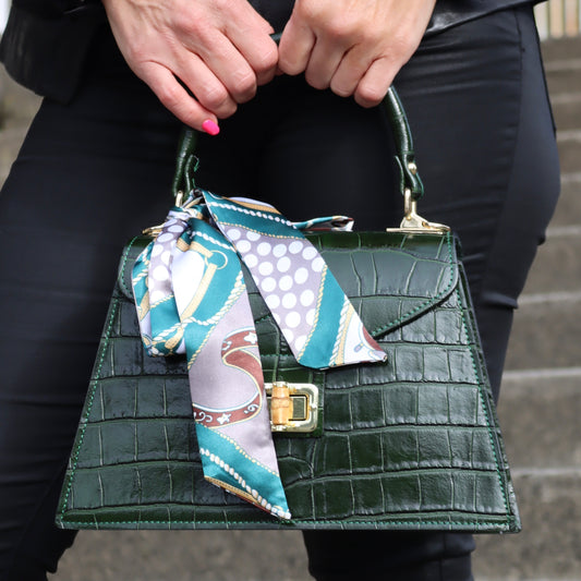 Green leather handbag, croc print leather, Italian leather handbag