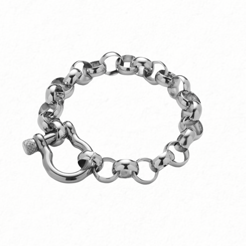 Silver chain bracelet with a clasp on a white background