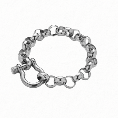 Silver chain bracelet with a clasp on a white background