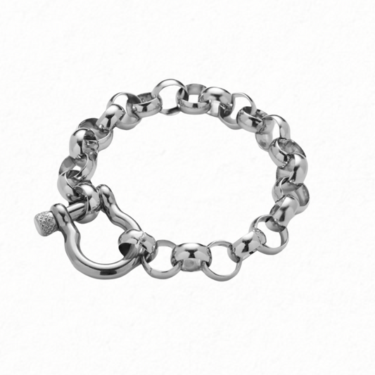 Silver chain bracelet with a clasp on a white background