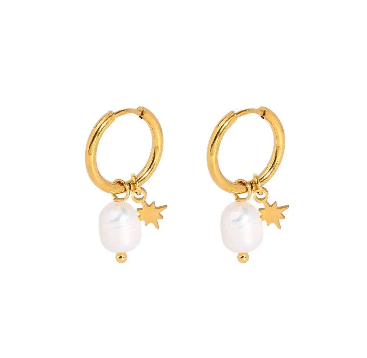 A pair of gold hoop earrings with fresh water pearl and star charms.