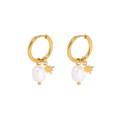 A pair of gold hoop earrings with fresh water pearl and star charms.