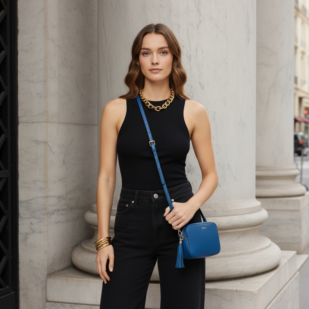 Blue handbag with a tassel on a white background