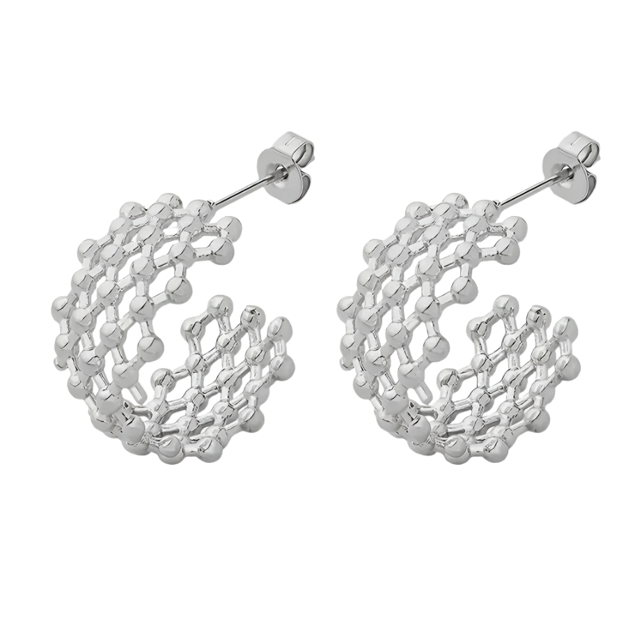 A pair of silver earrings featuring a mesh hoop design 