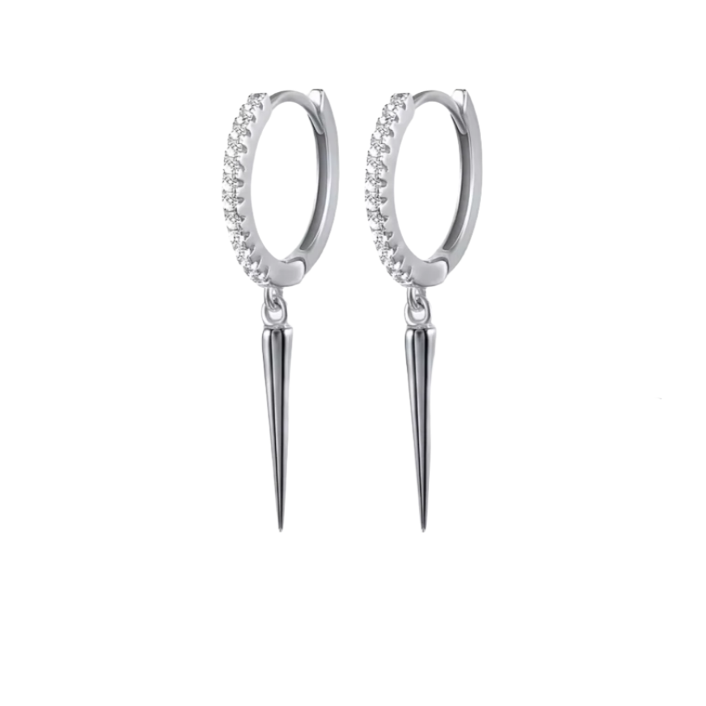 A pair of silver hoop earrings with zircon gemstones set within the hoops.
