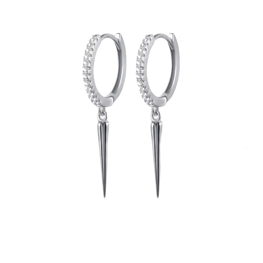 A pair of silver hoop earrings with zircon gemstones set within the hoops.